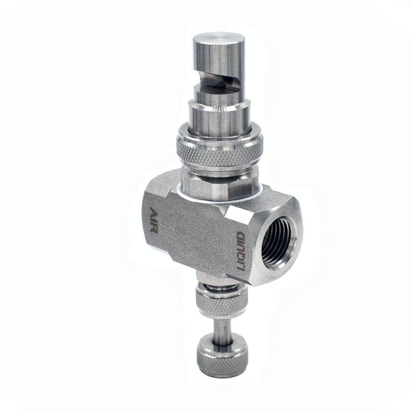 Pressure atomized spray deflected deflection internal mixing wide angle flat fan air gas atomizer fog sprayer nozzle